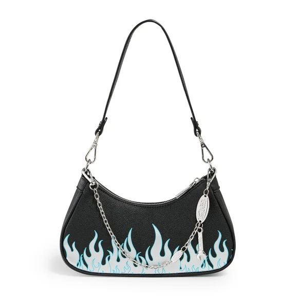 NWT Von Dutch Black Shoulder Bag with Blue Silver Flame Design - Picture 2 of 5